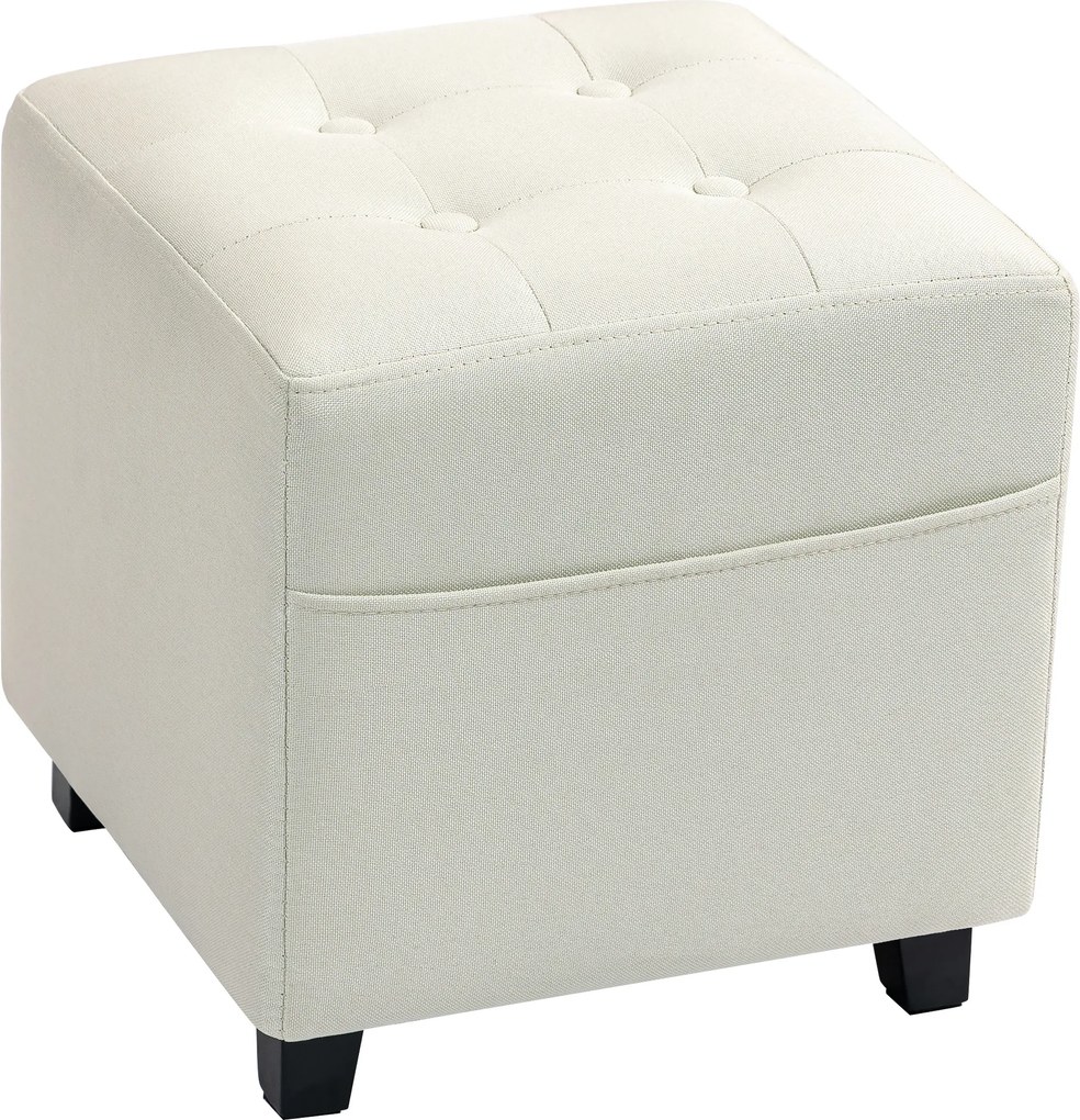 HOMCOM Suport pentru picioare pentru living, ottoman, scaun tapițat capitonat din material cu aspect de in cu buzunar lateral, 35 x 35 x 35 cm, cremă | Aosom Romania