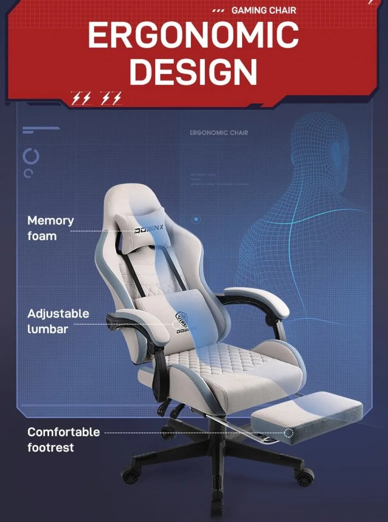 DOWINX Scaun gaming, ergonomic, suport lombar cu masaj, spătar înalt, reglabil, tetieră, rezistent 150 kg, material textil, suport pentru picioare, Ivory