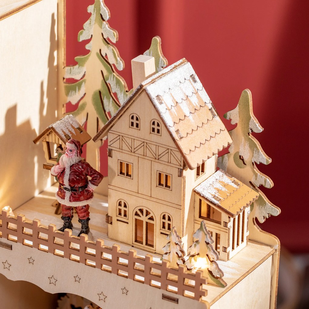 Calendar Advent de Craciun din lemn, cu lumini LED, pentru copii si adulti, natural HOMCOM | Aosom Romania