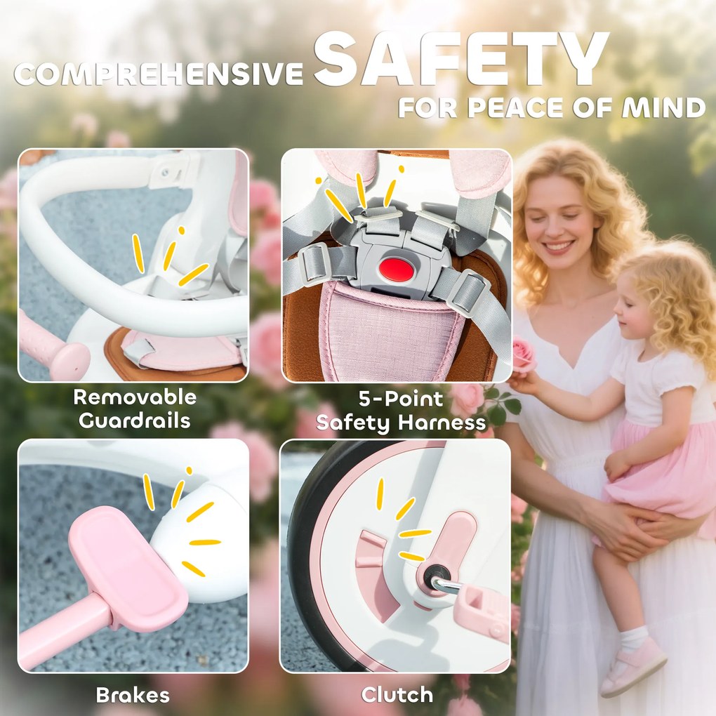 AIYAPLAY Triciclu pentru Copii 5 în 1 cu Spătar Reglabil, Triciclu pentru Copii cu Mâner de Împingere, Spătar Reglabil, Roz | Aosom Romania