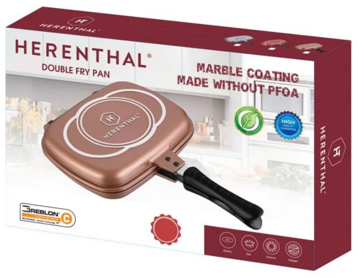 Tigaie grill dubla HERENTHAL HT-CDF32M, 32cm, Marmura, Copper