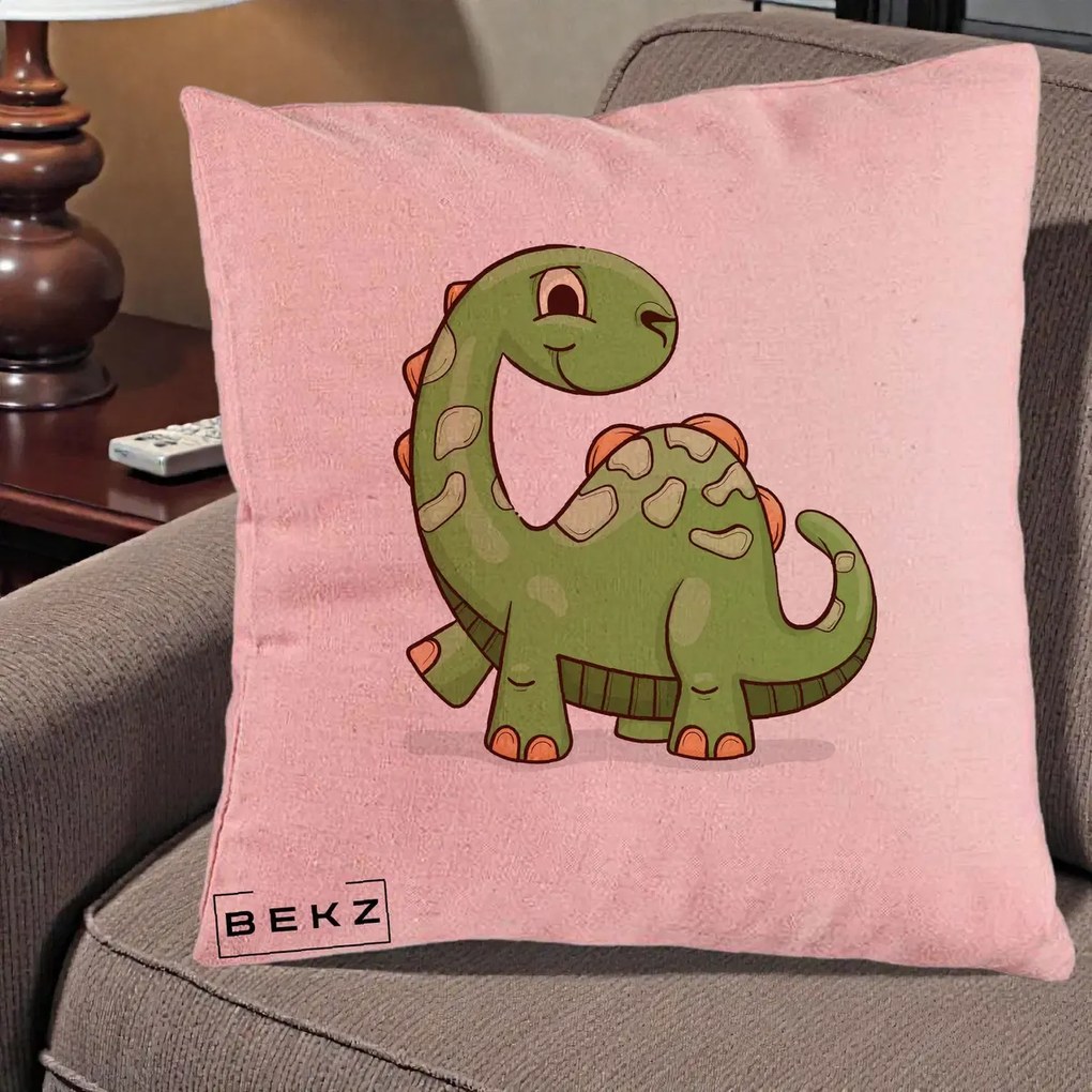 Perna Decorativa Brontosaur Verde Simpatic, 40x40 cm, Roz, Husa Detasabila, Perna Inclusa, BEKZ®