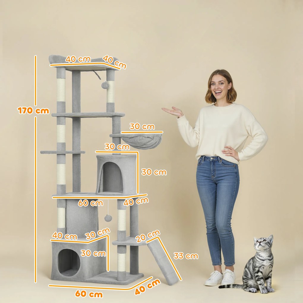 Pawhut Ansamblu de joacă pentru Pisici de 170 cm cu 7 Stâlpi Zgâriători, 2 Căsuțe, Hamac, Gri Deschis | Aosom Romania