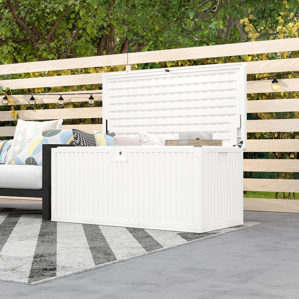 Outsunny Cufăr de Exterior de 140L Impermeabil cu Design Canelat și 2 Pistoane cu Gaz, 140x68x68 cm, Alb | Aosom Romania