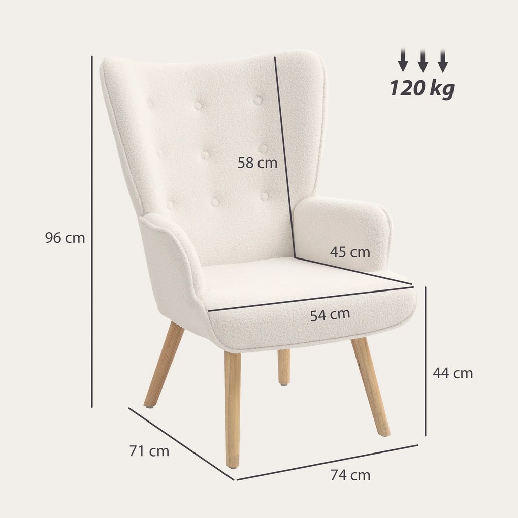 HOMCOM Scaun de living din material bouclé, scaun capitonat și umplut cu picioare din lemn, 71 x 74 x 96 cm, bej | Aosom Romania