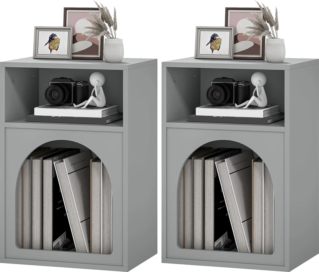 HOMCOM Set de 2 noptiere, noptieră cu compartimente deschise, design arcuat, 40 x 30 x 60 cm, gri | Aosom Romania
