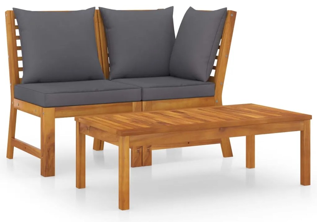 vidaXL Set mobilier de grădină, 3 piese, perne gri închis, lemn acacia