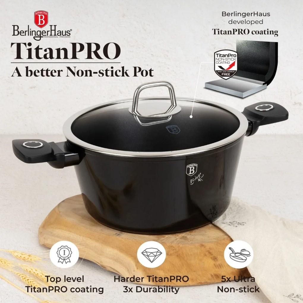 Set oale si tigai cu capace, 15 piese Black Vantage Berlinger Haus BH 8232, antiaderente, inductie, negru, design premium