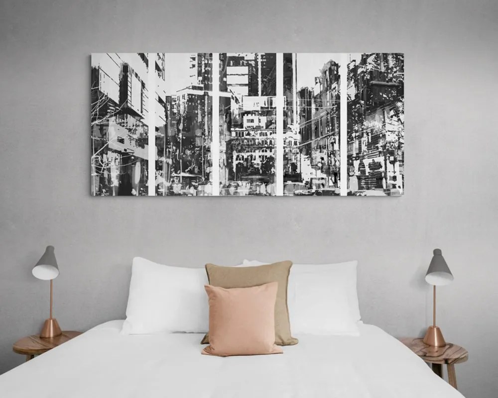 Tablou 5-piese panoramă abstractă a orașului în design alb-negru