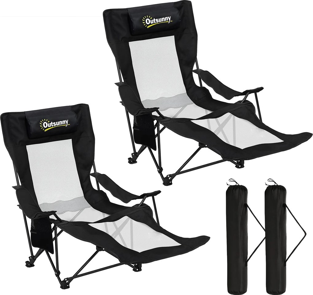 Outsunny Set de 2 Scaune Pliabile Rabatabile pentru Camping cu Suport Picioare Detașabil, Tetieră, Suport Pahar și Husă, Negru | Aosom Romania