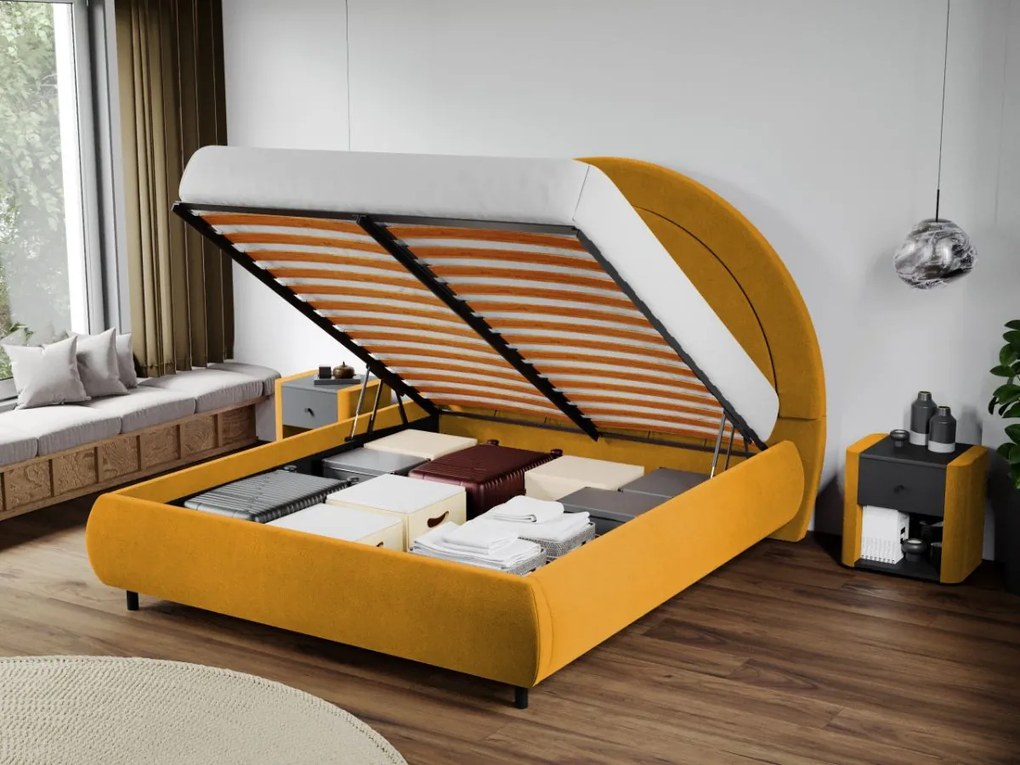 Pat Tapitat Leo cu tablie semirotunda rabatabil Galben - Velluto 8 160x200