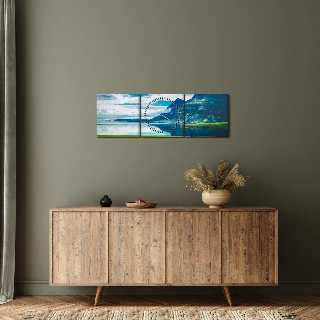 Tablou cu lac și munți (cu ceas) (90x30 cm)