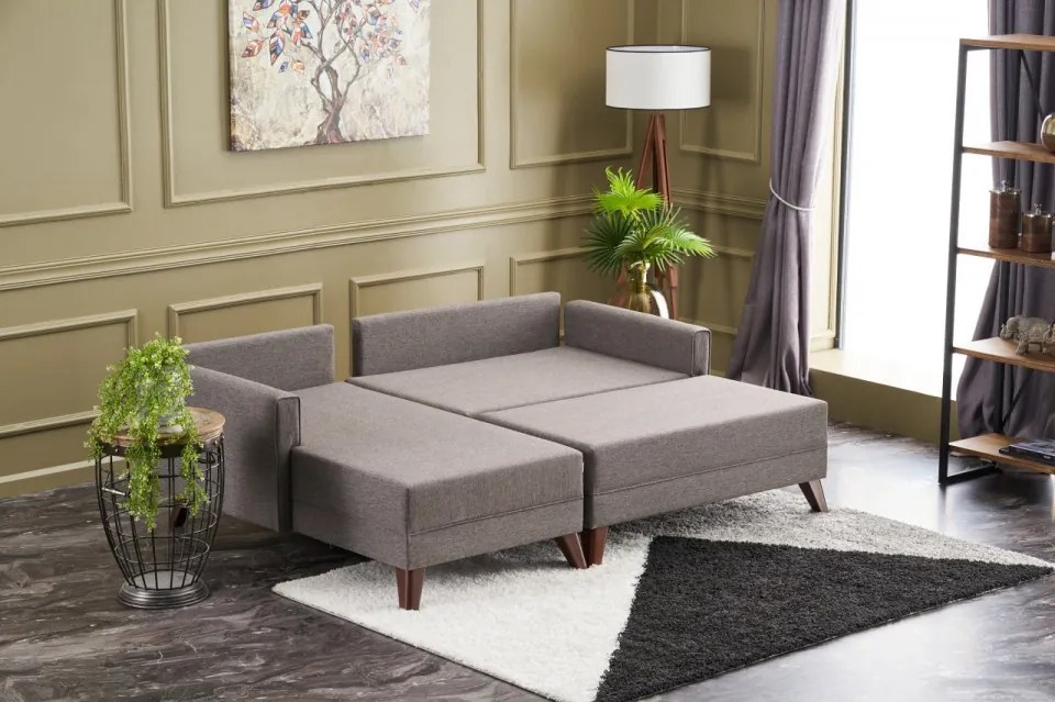 Coltar Modular pe Stanga cu Taburet, Cadru Lemn de Brad, Bella Mini, Gri