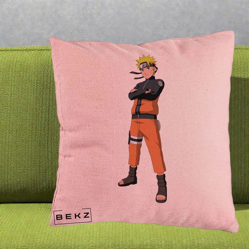 Perna Personalizata Naruto Uzumaki Portret Complet, 40x40 cm, Roz, Husa Detasabila, Perna Inclusa, BEKZ®