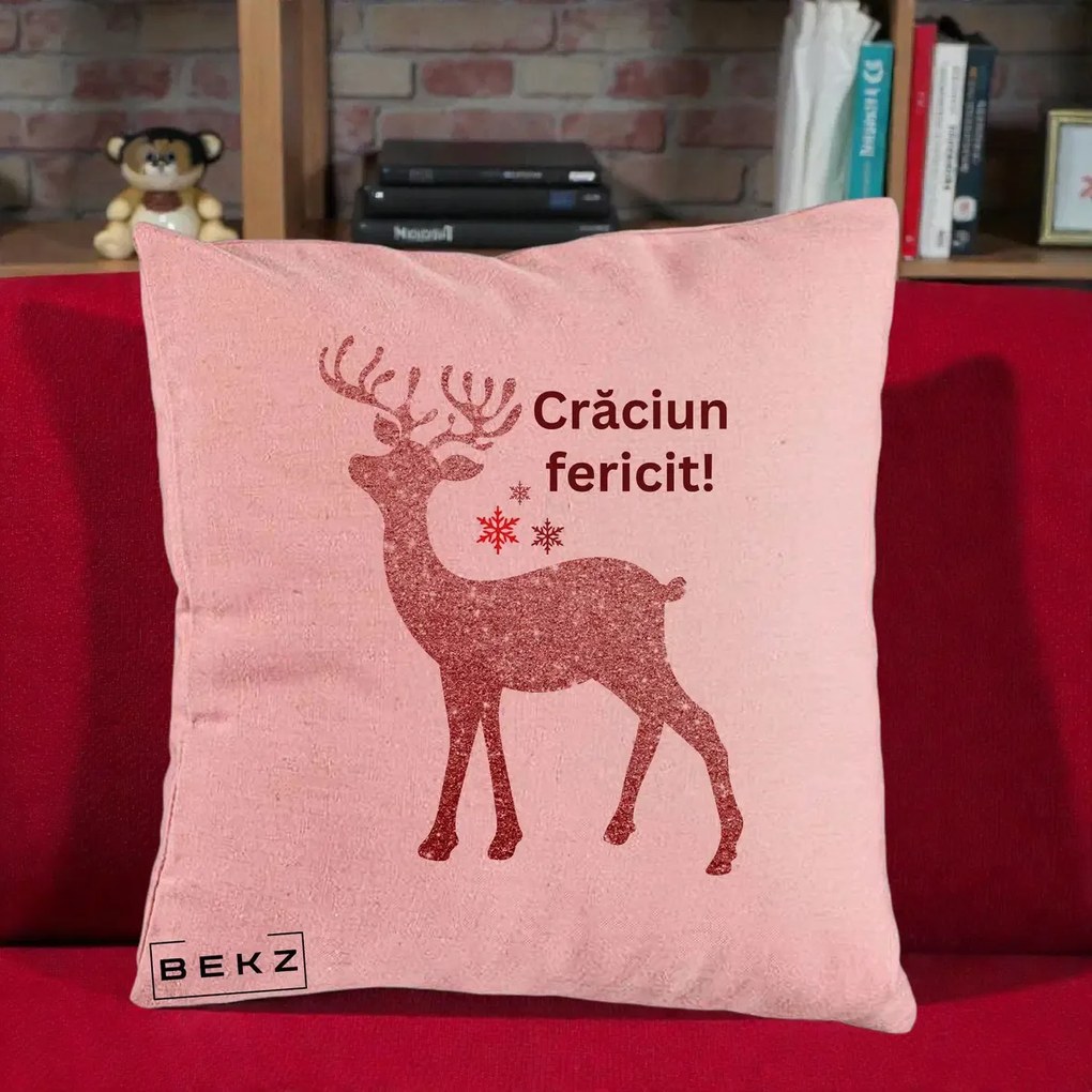 Perna Decorativa Ren Sclipitor Glitter Craciun Fericit, 40x40 cm, Roz, Husa Detasabila, Perna Inclusa, BEKZ®