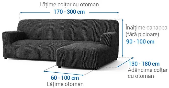 Huse bielastice COSTINA antracit canapea cu otoman dreapta (l. 170 - 300 cm)
