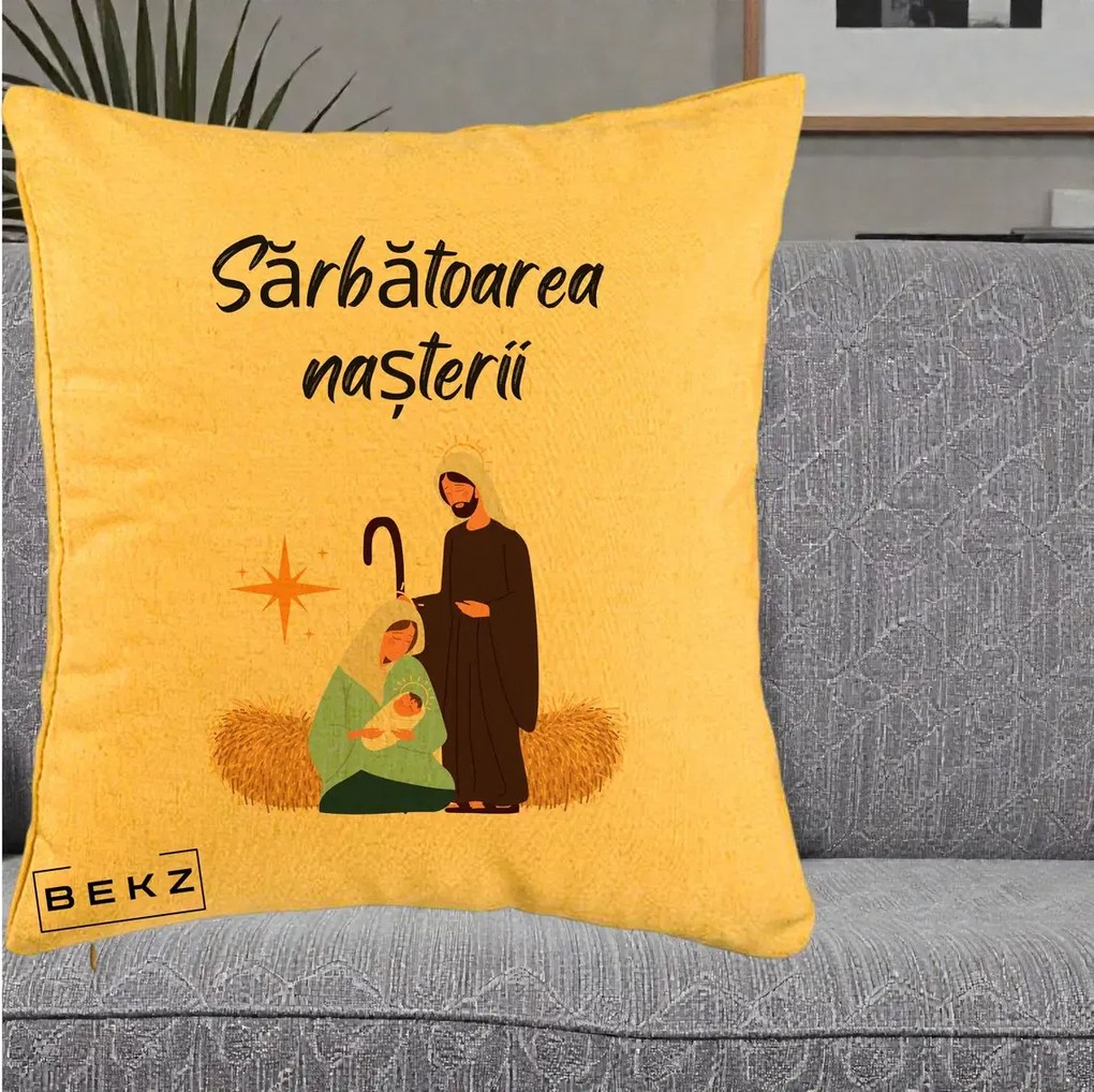 Perna Decorativa Nasterea Domnului Sfanta Familie Sarbatoarea Nasterii, 40x40 cm, Galben, Husa Detasabila, Perna Inclusa, BEKZ®