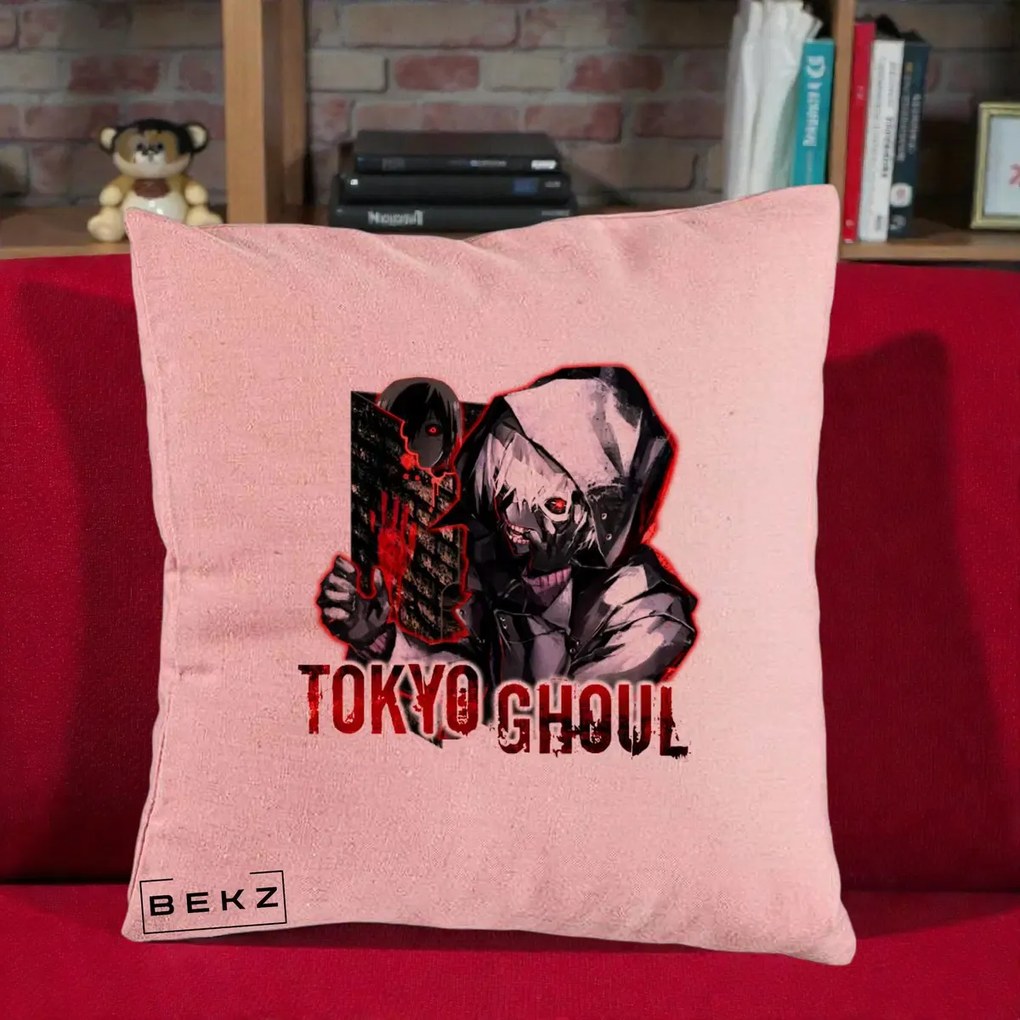 Perna Personalizata Tokyo Ghoul Ken Kaneki Anime, 40x40 cm, Roz, Husa Detasabila, Perna Inclusa, BEKZ®