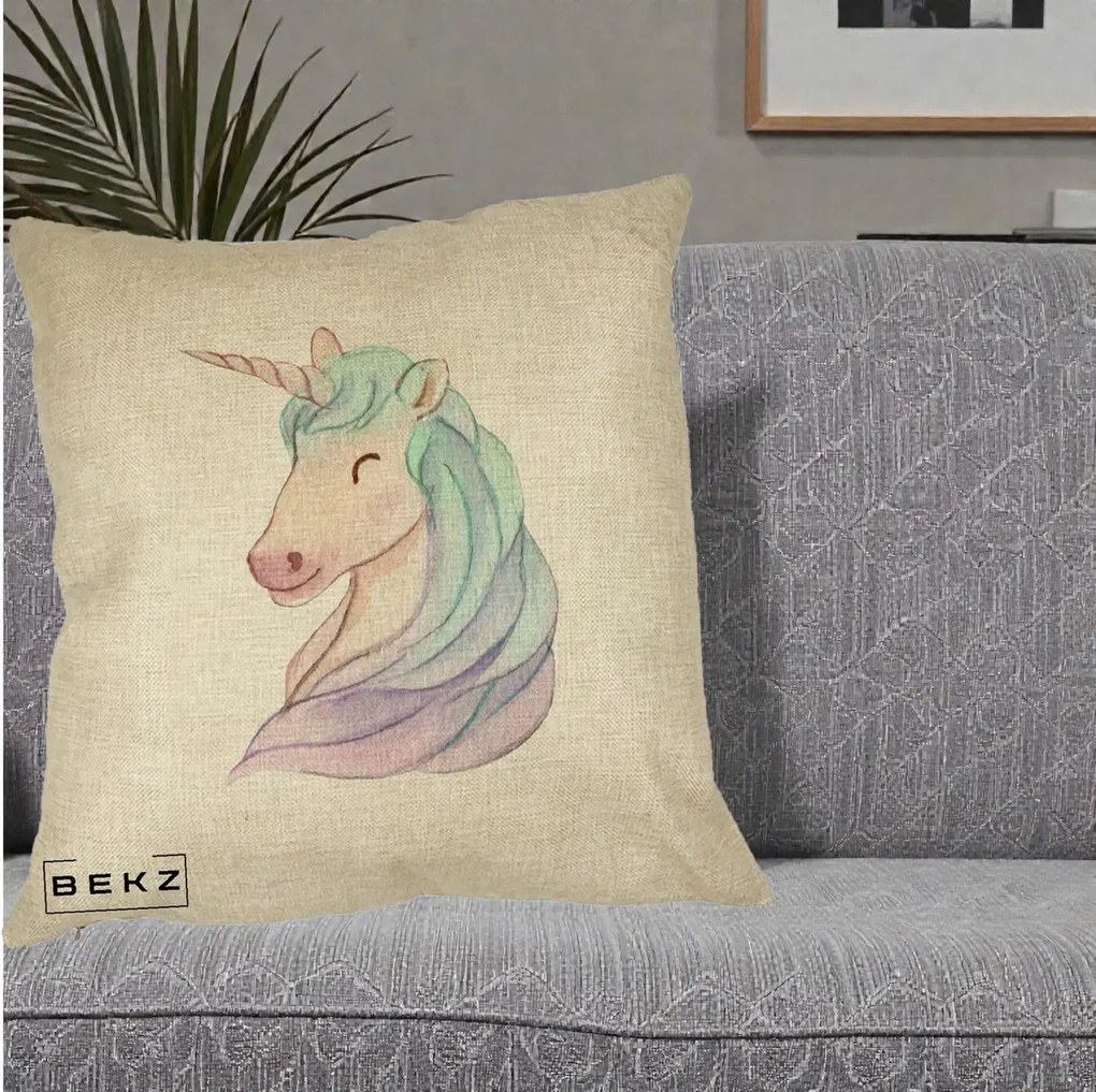 Perna Decorativa Unicorn Acuarela Pastel, 40x40 cm, Crem, Husa Detasabila, Perna Inclusa, BEKZ®