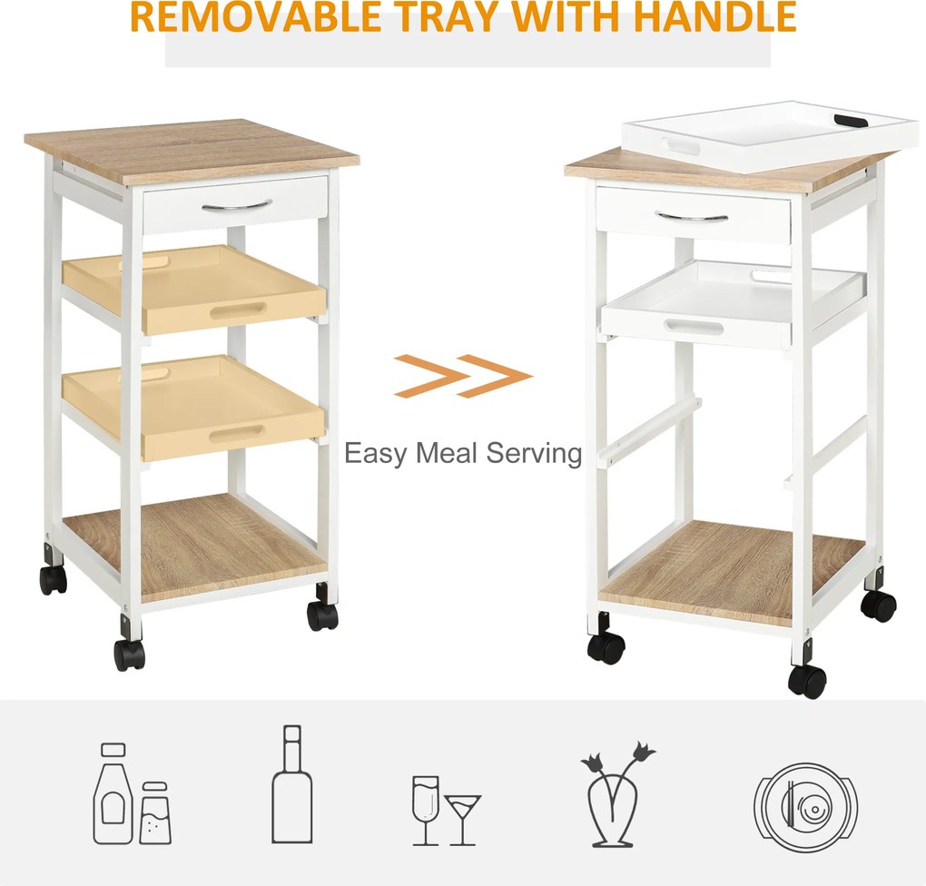 HOMCOM Căruț de servire căruță de bucătărie pe roți 2 tavane detașabile, sertar, raft stejar deschis lemn de pin alb | Aosom Romania