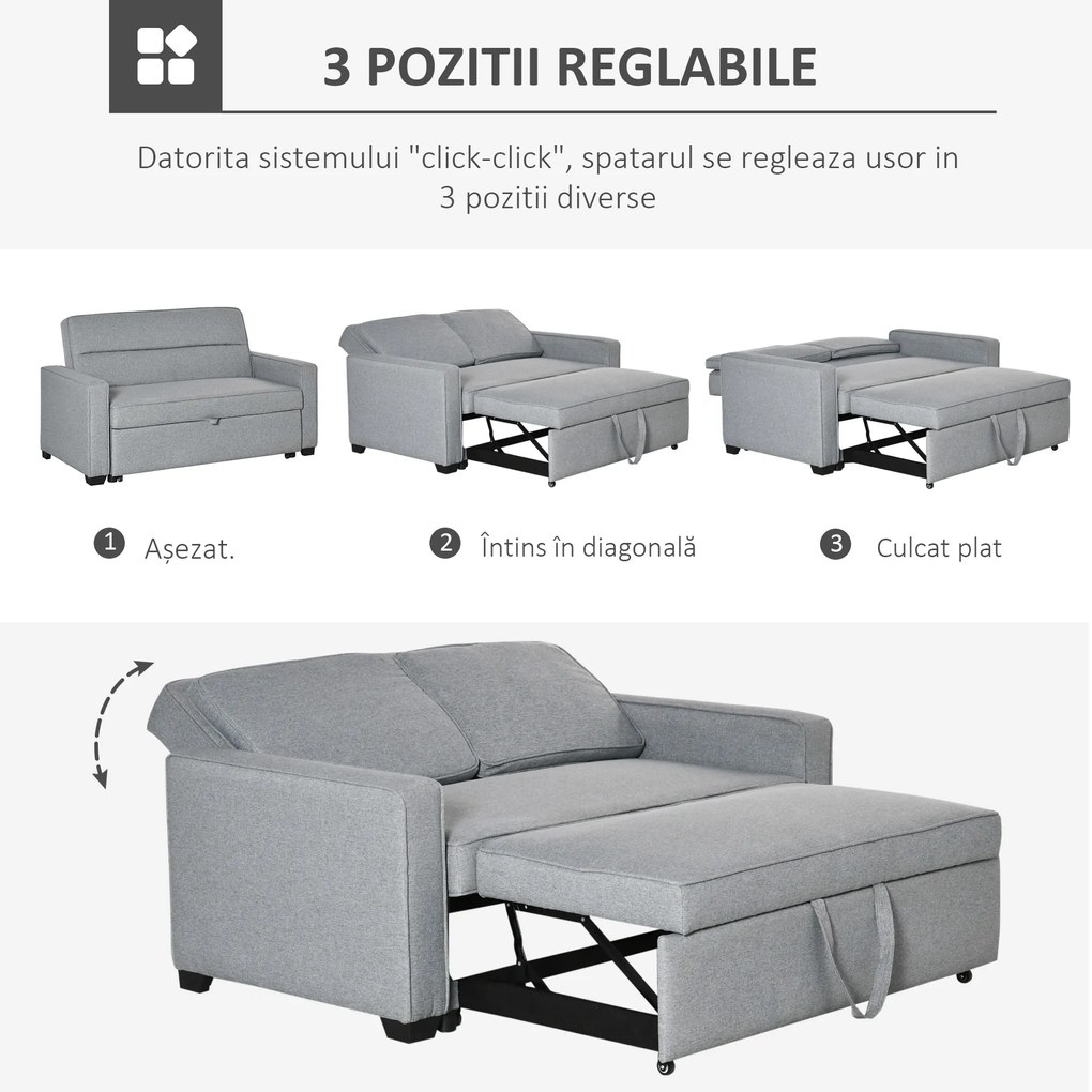 Canapea pat HOMCOM cu tapițerie din material textil, 2 locuri cu spatar reglabil pe 3 niveluri, gri | Aosom Romania