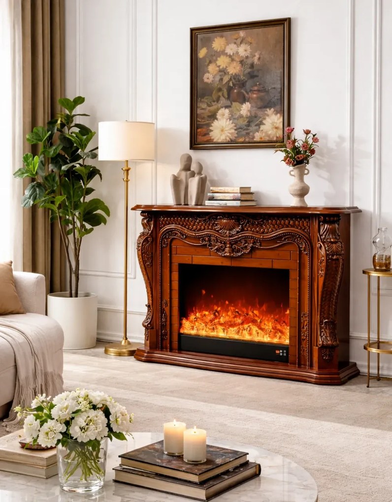 Șemineu electric cu efect LED realist cu 12 culori, Comodă TV, design elegant, control vocal și telecomandă, fără încălzire, 120 cm, Maro