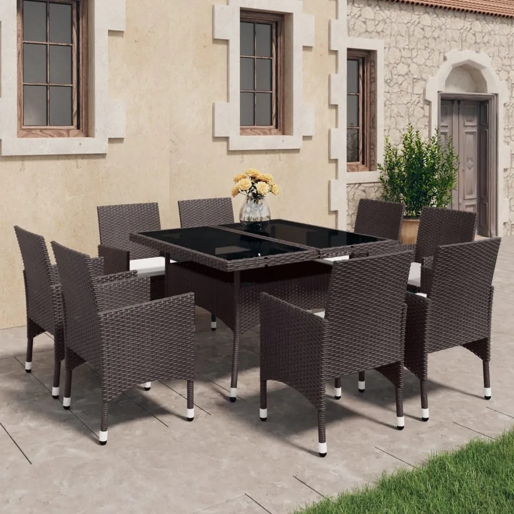 3058341 vidaXL Set mobilier grădină, 9 piese, maro, poliratan și sticlă