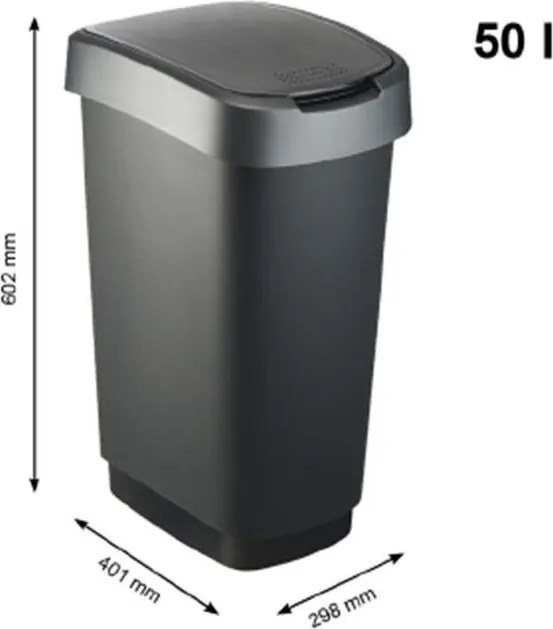 ROTHO Coş de gunoi SWING TWIST, negru şi argintiu 50 l