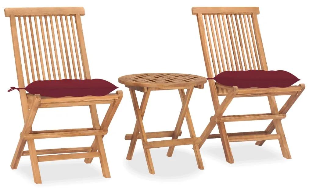Set mobilier de exterior pliabil, cu perna, 3 piese, lemn masiv tec Bordo, 3