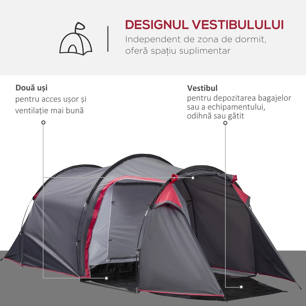 Outsunny Cort pentru Camping 2 Locuri cu Vestibul Mare, Cort Impermeabil Usi cu Fermoar, 426x206x154cm Gri | Aosom Romania