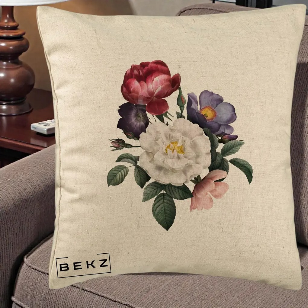 Perna Decorativa Buchet Trandafiri Bujori Botanical, 40x40 cm, Bej, Husa Detasabila, Perna Inclusa, BEKZ®