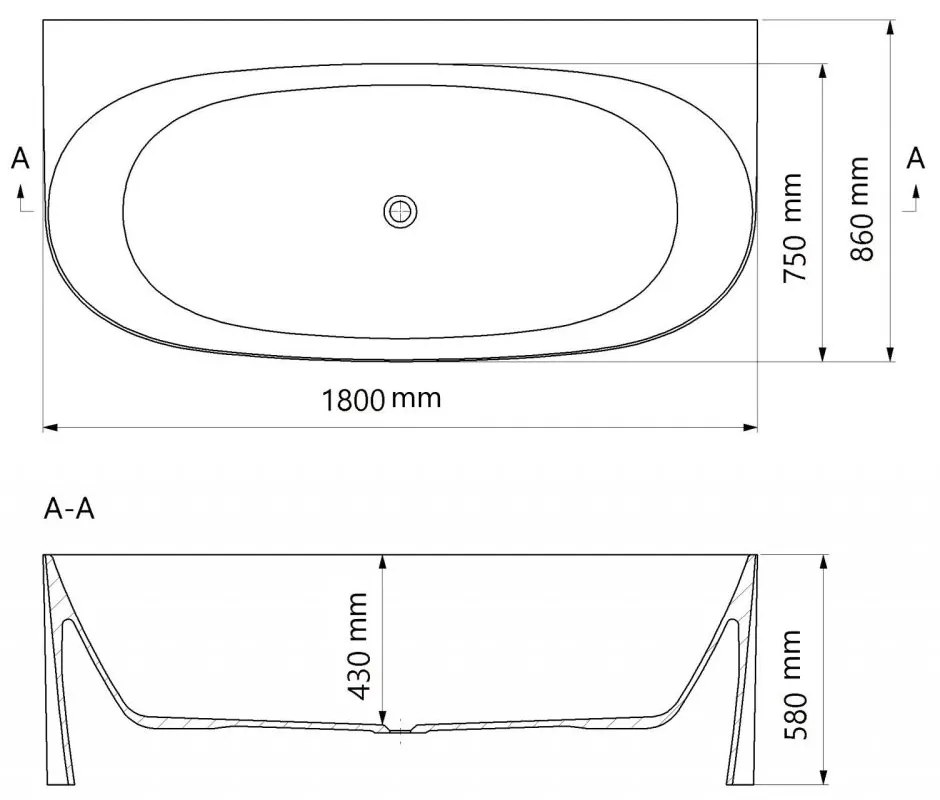 Cada freestanding compozit Marmite Como, 180 x 86 cm, lipita de perete, alb lucios