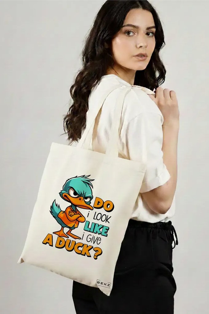 Sacosa de Panza pentru Cumparaturi, Geanta Tote, model Do I look like a give a duck 38 x 34.5 cm, Alba, BEKZ®