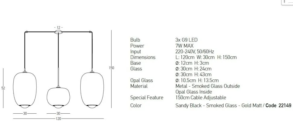 Lustra cu 3 Pendule, Sticla, Fumuriu, 3XG9 Pendant LINE