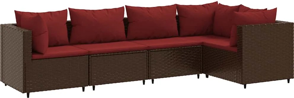 vidaXL Set șezlonguri de grădină, 5 piese, cu perne, maro, poliratan