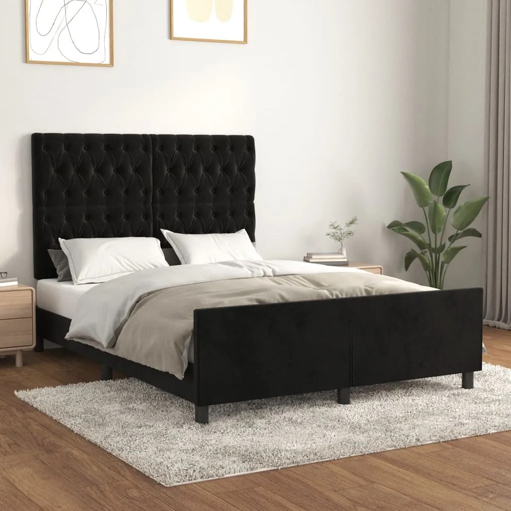 Cadru de pat cu tablie, negru, 140x200 cm, catifea Negru, 140 x 200 cm, Design cu nasturi