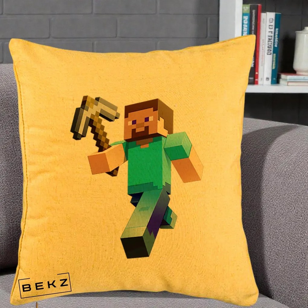 Perna Personalizata Minecraft Steve cu Tarnacop, 40x40 cm, Galben, Husa Detasabila, Perna Inclusa, BEKZ®