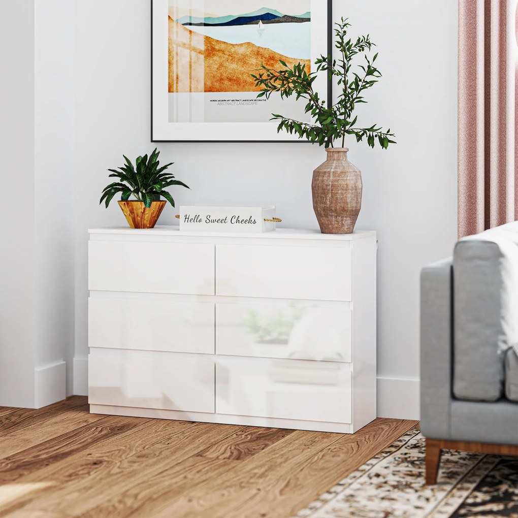 HOMCOM Comodă cu 6 Sertare din PAL, pentru Dormitor, Design Modern și Multifuncțional, 112x34x75 cm, Alb | Aosom Romania