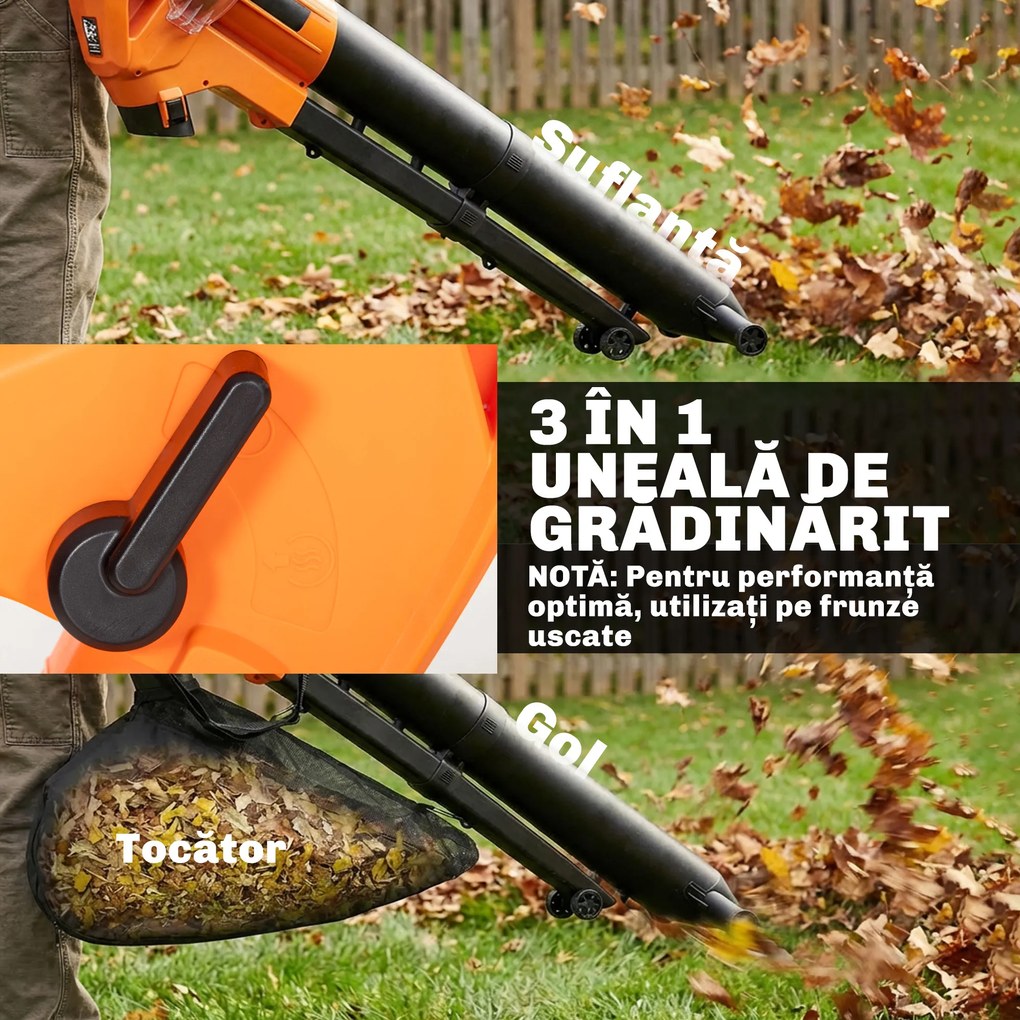 Outsunny 3-în-1 Suflantă, Aspirator, Tocător pentru Frunze 3000W, Ușor | Aosom Romania