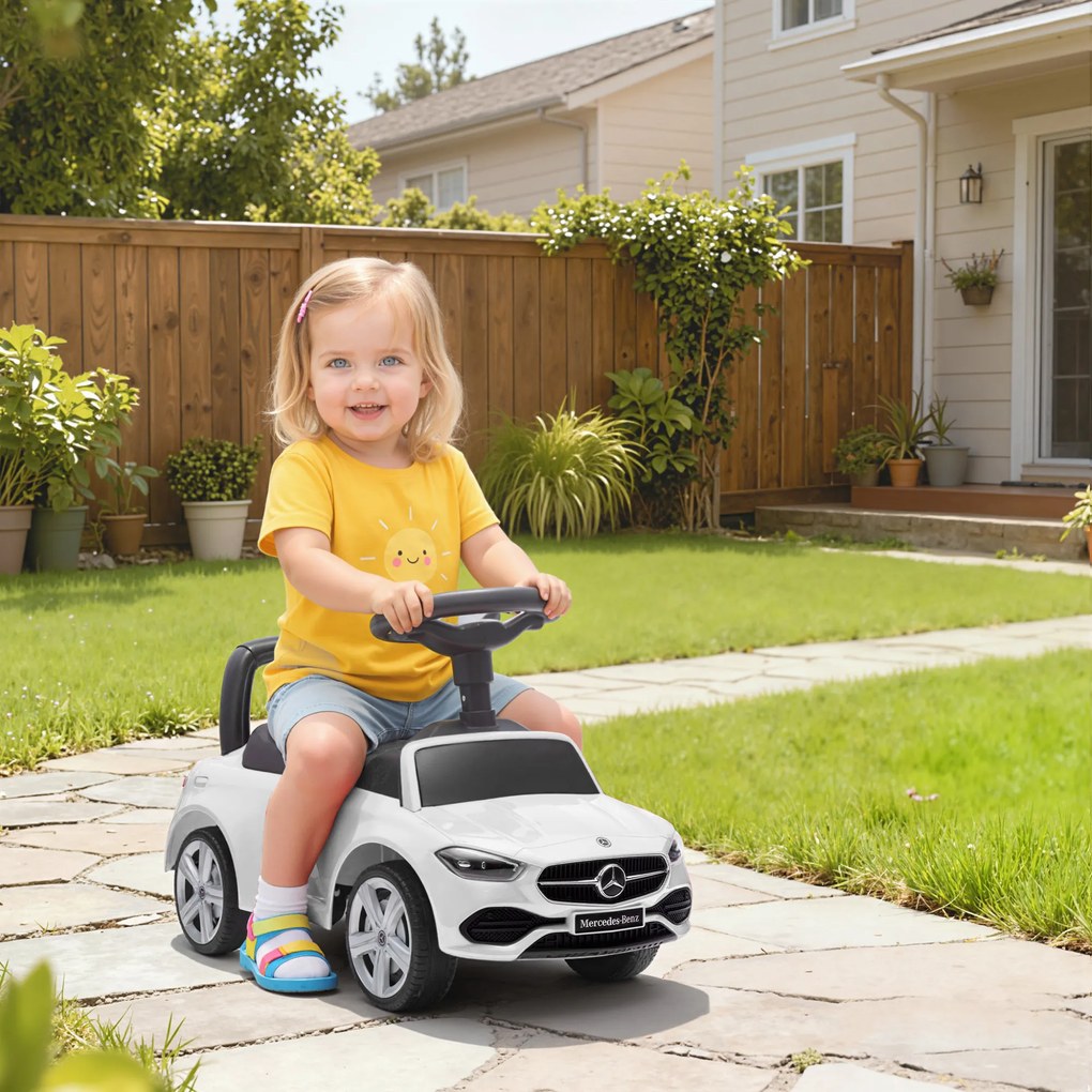 Mașinuță Electrică AIYAPLAY pentru Copii Licență Mercedes Benz cu Claxon și Spațiu de Depozitare, 65x28x39 cm, Alb | Aosom Romania