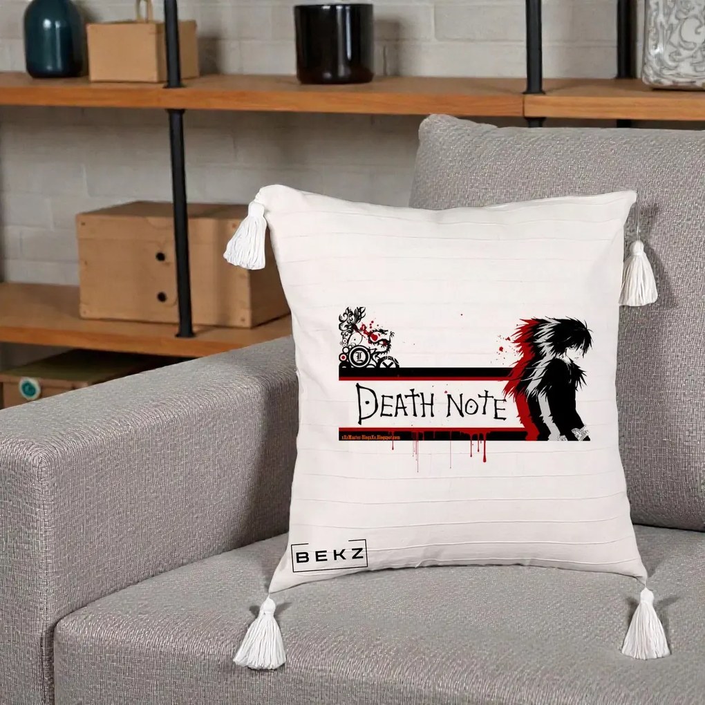 Perna Personalizata Death Note L Lawliet Rosu-Negru, 40x40 cm, Bej cu Franjuri, Husa Detasabila, Perna Inclusa, BEKZ®