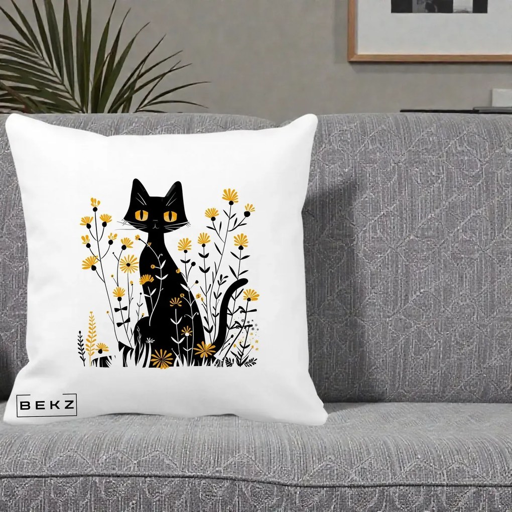 Perna Decorativa Pisica Neagra Ochi Galbeni Flori Galbene, 40x40 cm, Alba Mata, Husa Detasabila, Perna Inclusa, BEKZ®