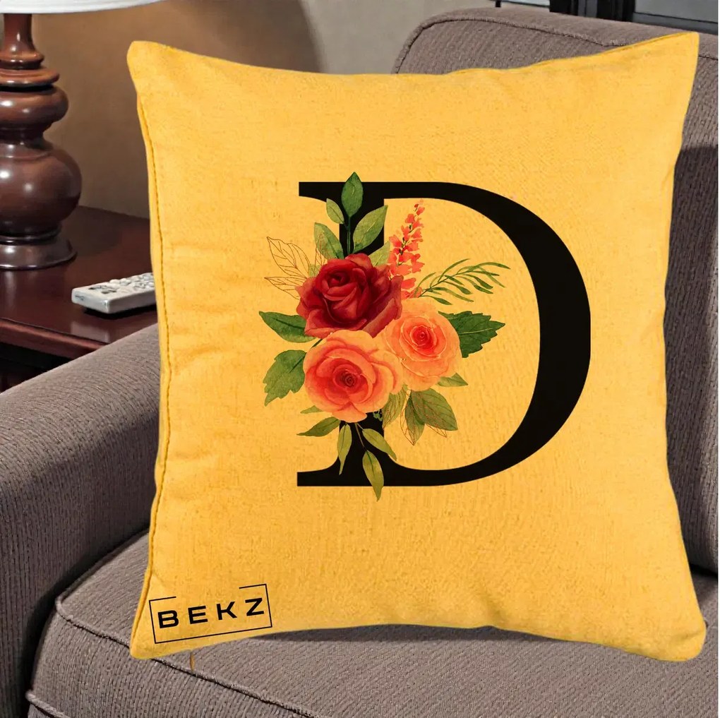 Cadou Personalizat - Perna Personalizata Monograma Florala Litera D, 40x40 cm, Galben, Husa Detasabila, Perna Inclusa, BEKZ®