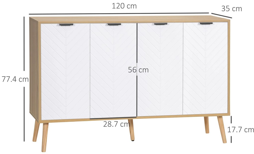 HOMCOM Bufet de depozitare scăzut mobilier cu 2 dulapuri 4 uși model de șevalet rafturi reglabile 120 x 35 x 77,4 cm alb | Aosom Romania