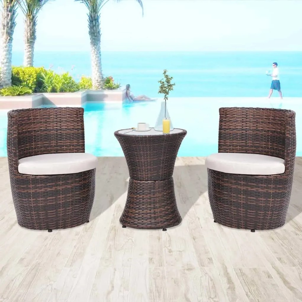 43111 vidaXL Set mobilier bistro cu perne, 3 piese, maro, poliratan