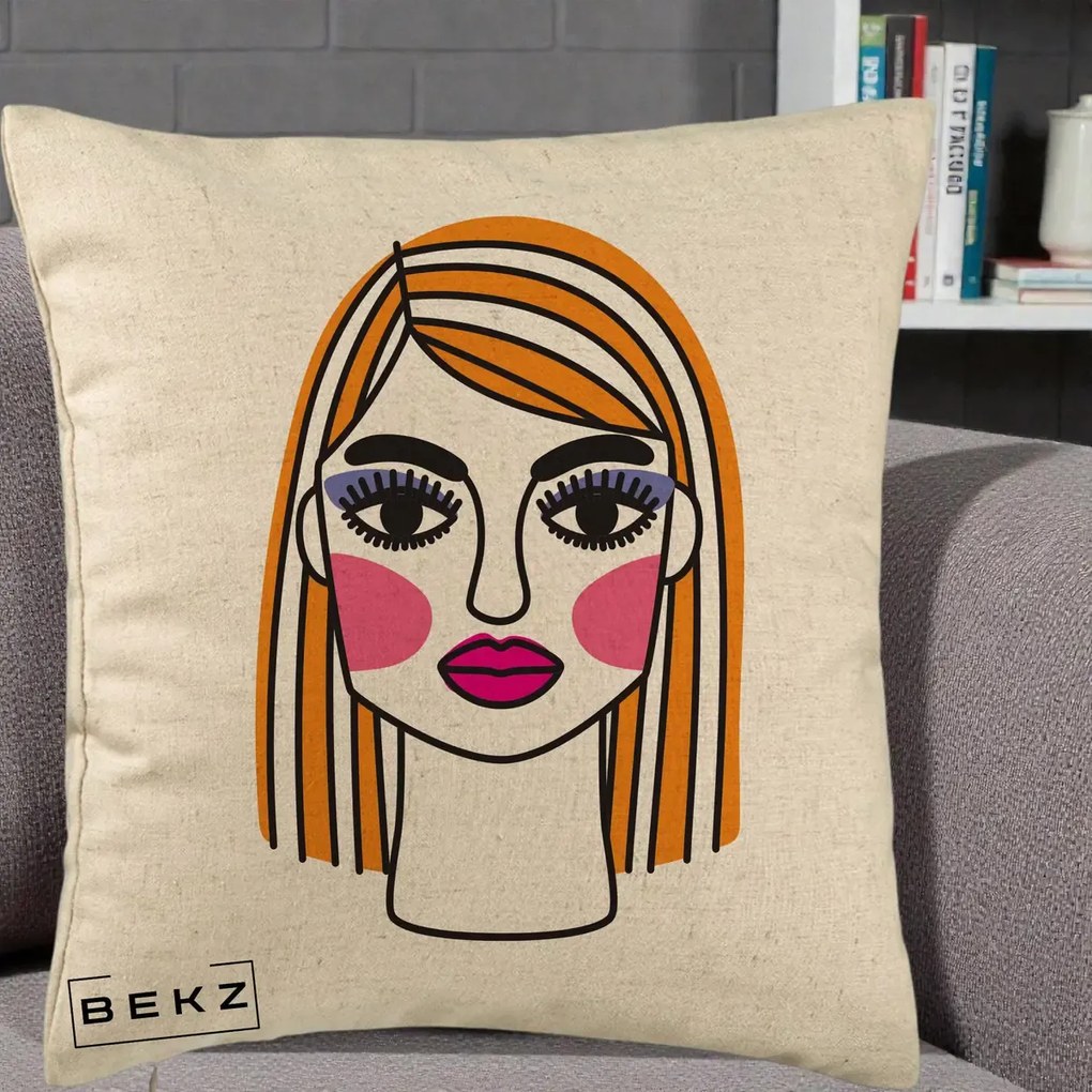 Perna Decorativa Portret Pop Art Fata, 40x40 cm, Bej, Husa Detasabila, Perna Inclusa, BEKZ®