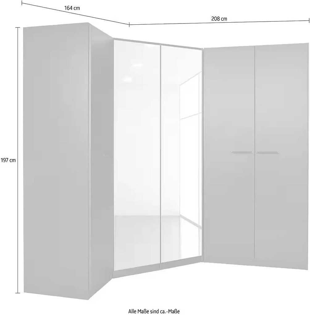 Dulap de colț 164/208 cm, reversibil, oglindă pe mijloc, culoare gri antracit, 5 uși batante, organizare premium, 197 cm înălțime