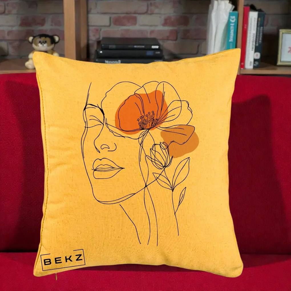 Perna Decorativa Portret Feminin Mac Profilat, 40x40 cm, Galben, Husa Detasabila, Perna Inclusa, BEKZ®