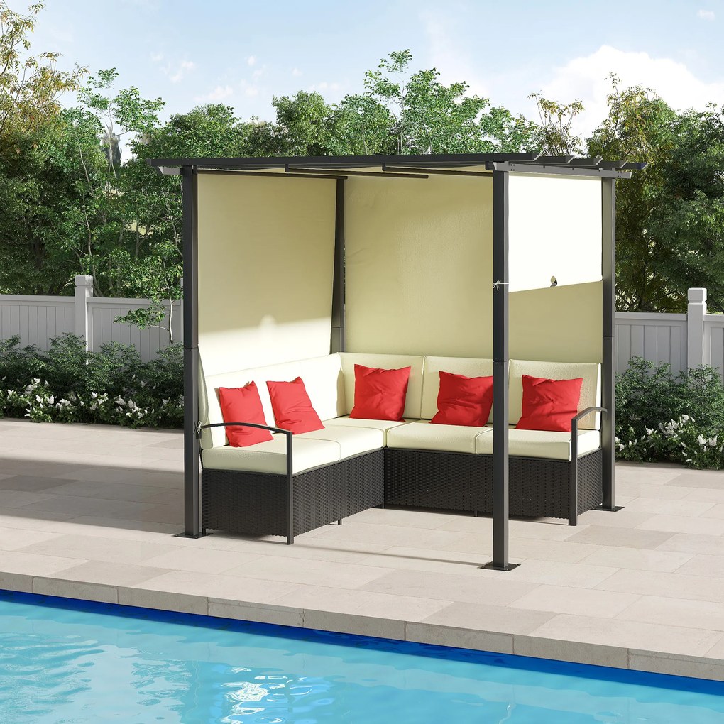 Outsunny Mobilier de Terasa Impletit, Set de Canapele de exterior din Ratan PE cu Pergola copertina plianta, bej | AOSOM RO