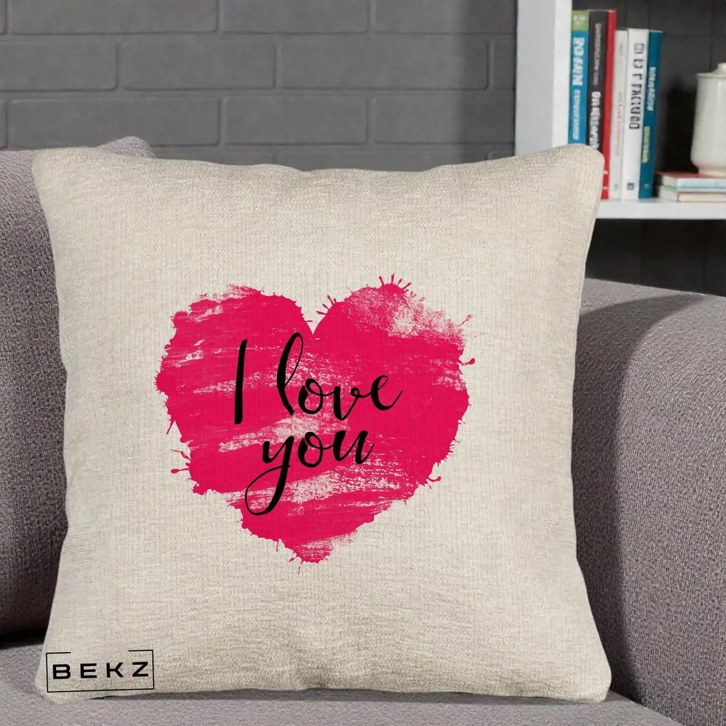 Cadou Romantic - Perna Personalizata I Love You Inima Roz, 40x40 cm, Bej Canapea, Husa Detasabila, Perna Inclusa, BEKZ®